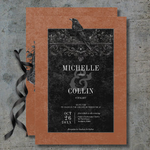 Invitation Corbeau noir gothique et Mariage rouille Rose noir