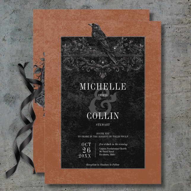 Invitation Corbeau noir gothique et Mariage rouille Rose noir (Gothic Black Raven & Black Roses Rust Wedding Invitation)