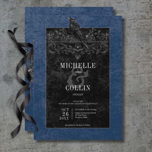Invitation Corbeau noir gothique et Rose noir Mariage bleu (Gothic Black Raven & Black Roses Blue Wedding Invitation)