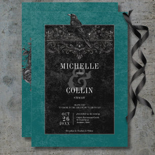 Invitation Corbeau noir gothique et Rose noir Mariage Turquoi