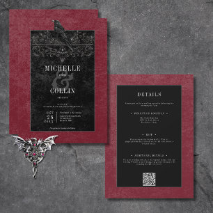 Invitation Corbeau noir gothique et vin Rose noir à deux côté