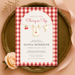 Invitation Corde à linge à carreaux avec cerise Baby Shower
