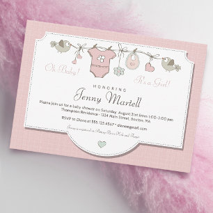 Invitation Corde à linge bébé rose blush   Baby Shower