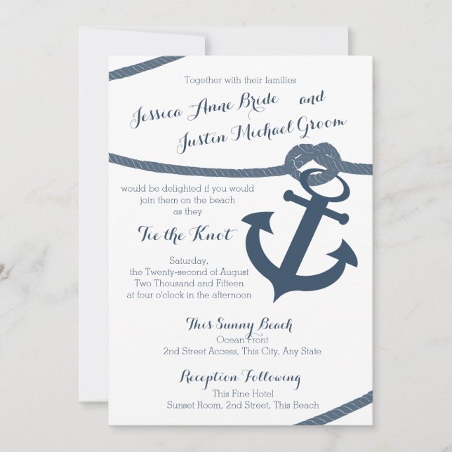 Invitation Corde nautique et Mariage Ancre (Devant)