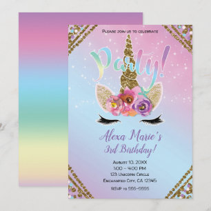 Invitation Corne de Licorne Florale Arc-en-Ciel Étincelant Fê