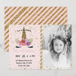 Invitation Corne de licorne florale pailletée or Anniversaire