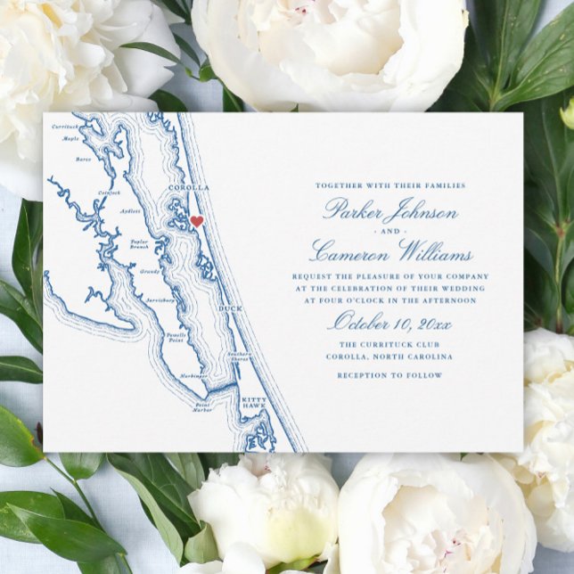 Invitation Corolla NC Map Elegant Navy Blue Wedding (Corolla NC Map Outer Banks Wedding Invitation in Elegant Navy Blue by Coastal Map Designs)