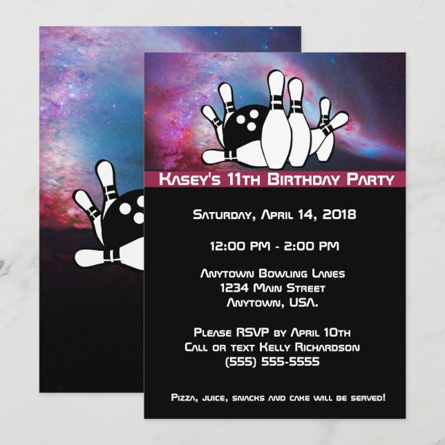 Invitation Cosmic Galaxy Bowling fête d'anniversaire (Devant / Derrière)