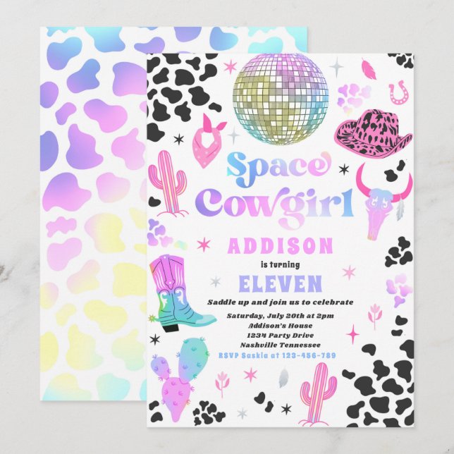 Invitation Cosmic Space Cowgirl Disco Rodéo fête d'anniversai (Devant / Derrière)