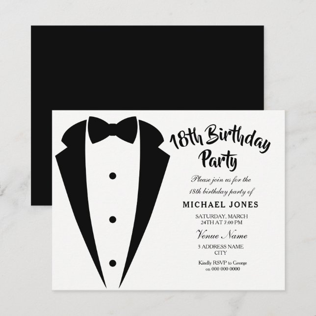 Invitation Costume & Cravate hommes 18e anniversaire de fête  (Devant / Derrière)