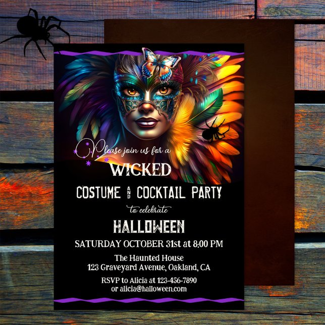 Invitation Costume d'Halloween adulte Cocktail Party (A colorful costume and cocktail Halloween party invitation featuring a feathered mask - adults only)