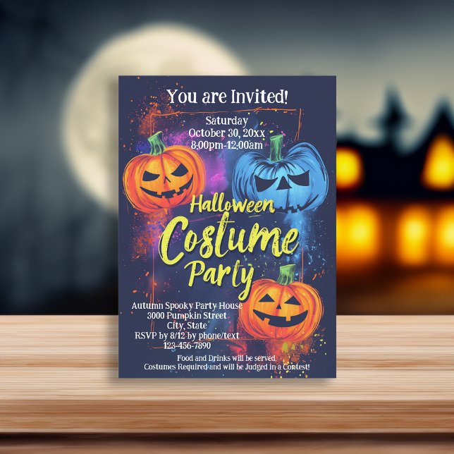 Invitation Costume d'Halloween bleu orange Jack-O lanterne (orange blue pumpkin halloween costume party invitations)