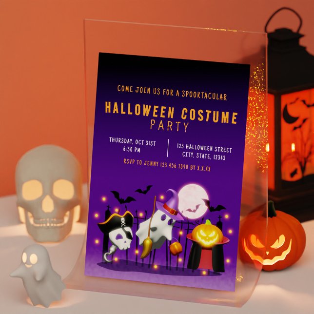 Invitation Costume d'Halloween éffrayant Orange et violet (Spooky Halloween Costume Party Orange and Purple Invitation)