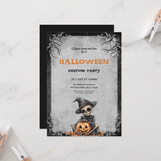 Invitation Costume d'Halloween Parti Squelette effrayant et C (Devant/Arrière en situation)