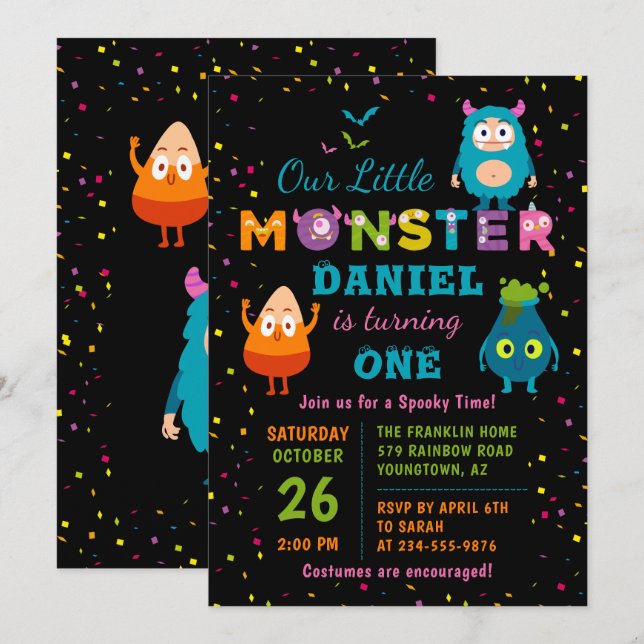 Invitation Costume d'Halloween petit monstre fête d'anniversa (Devant / Derrière)