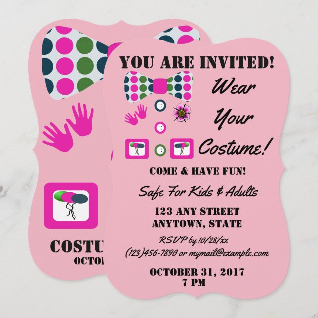Invitation Costume d'Halloween Pois Clown bleu rose (Devant / Derrière)