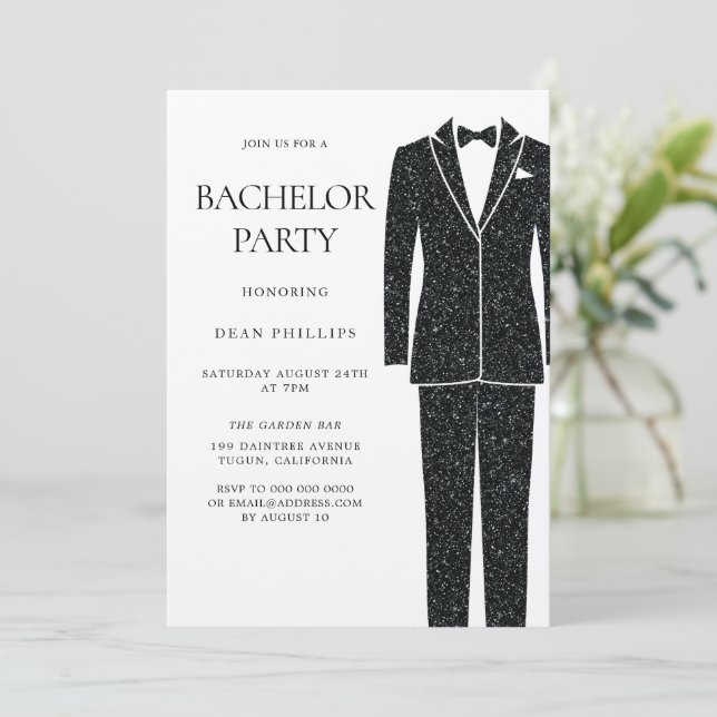 Invitation Costume noir & cravate Champagne scintillant enter (Debout devant)