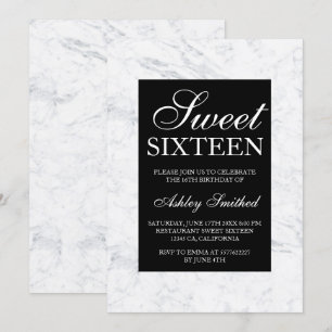Invitation Costume noir et blanc marbre chic Sweet 16