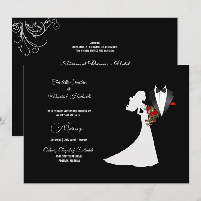 Invitation Costume Smoking & Silhouette de Mariée Mariage B&W (Devant / Derrière)