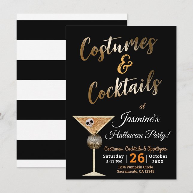 Invitation Costumes d'or et cocktails Boisson de crâne Hallow (Devant / Derrière)