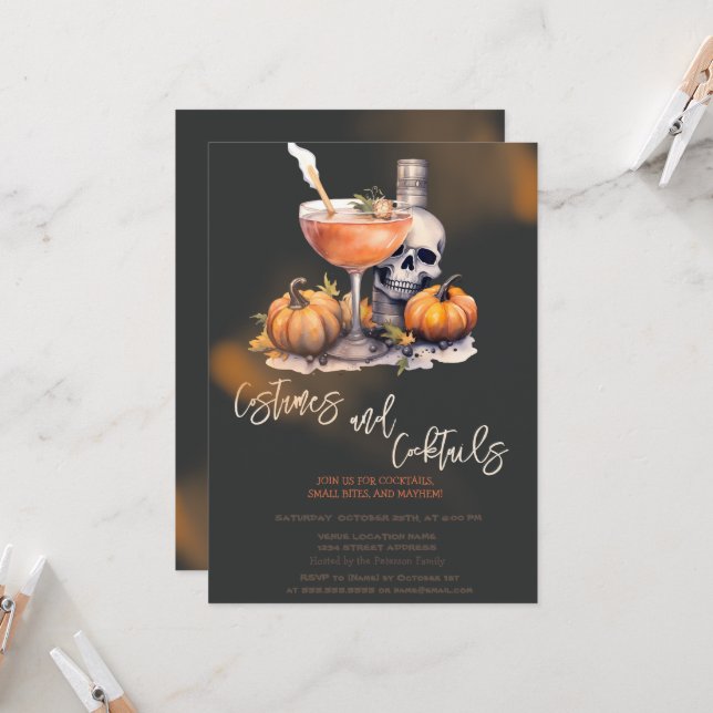 Invitation Costumes et cocktails citrouilles Halloween noir (Devant/Arrière en situation)