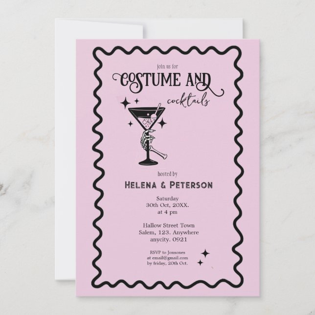 Invitation Costumes rétro rose et noir et soirée cocktails (Devant)