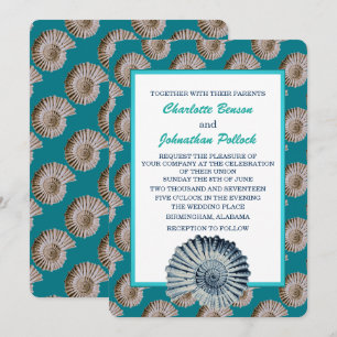 Invitation Côte Beige et Mariage Coquillages Bleus