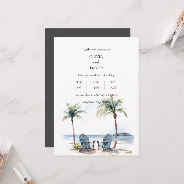 Invitation Côte Tropical Palm Trees mariage (Devant/Arrière en situation)