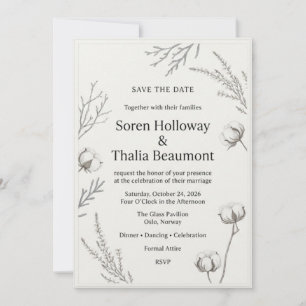 Invitation Coton Bolles, Branches d'Hiver, Bordure Minimalist