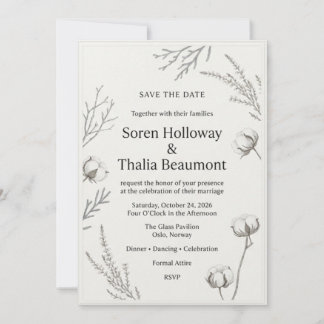 Invitation Coton Bolles, Branches d'Hiver, Bordure Minimalist