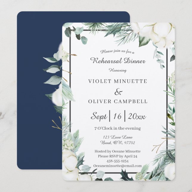 Invitation Coton d'eucalyptus | Dîner de répétition en feutre (Devant / Derrière)