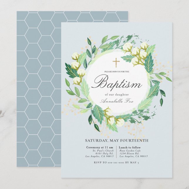 Invitation Coton Garden Wreath Blush Baby Baptême bleu (Devant / Derrière)