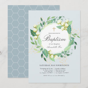 Invitation Coton Garden Wreath Blush Baby Baptême bleu