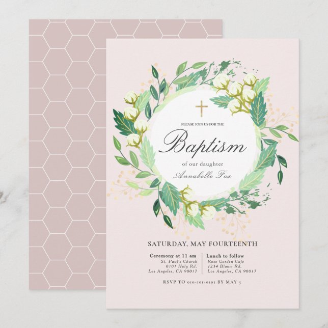 Invitation Coton Garden Wreath Blush rose Girl Baptême (Devant / Derrière)