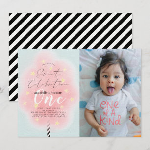 Invitation Coton rose bonbon douce fille 1er anniversaire Pho