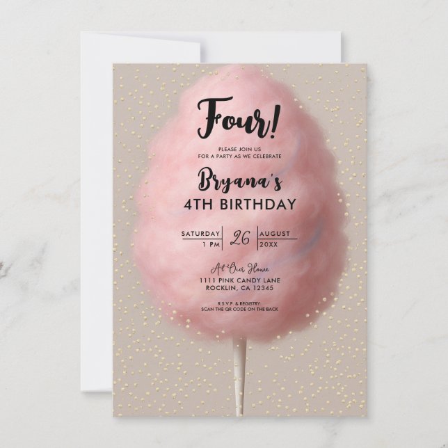 Invitation Coton rose Bonbon or Confetti fête d'anniversaire (Devant)