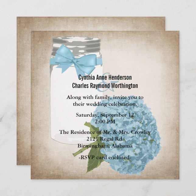 Invitation Cottage Chic Hydrangea et Mason Jar Mariage (Devant / Derrière)