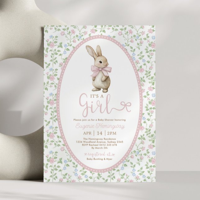 Invitation Cottagecore Bunny Pink Bow Floral Girl Baby Shower (Créateur téléchargé)