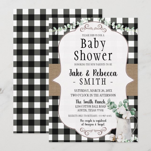 Invitation Cotton Farmhouse Baby shower noir blanc neutre (Devant / Derrière)