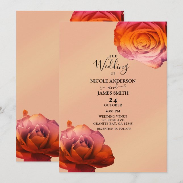 Invitation Coucher de soleil rose et orange Rose Floral Maria (Devant / Derrière)