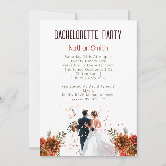 Invitation Coucher de soleil rustique Orange Boho Bachelorett (Devant)