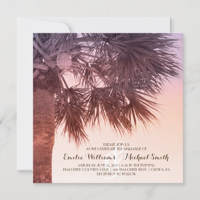 Invitation Coucher de soleil tropical Palm Tree Plage Mariage (Devant)