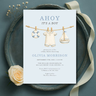 Invitation Coucou C'est un Garçon Baby Shower Linge Bleu