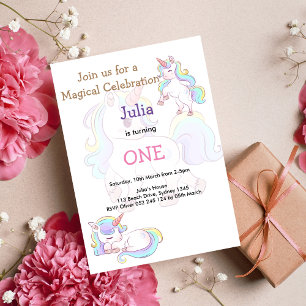 Invitation Couleur arc-en-ciel Unicorn bébé fille anniversair