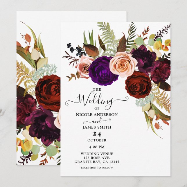 Invitation Couleur Chic Fleurs Bold Verdure Mariage Blanc (Devant / Derrière)