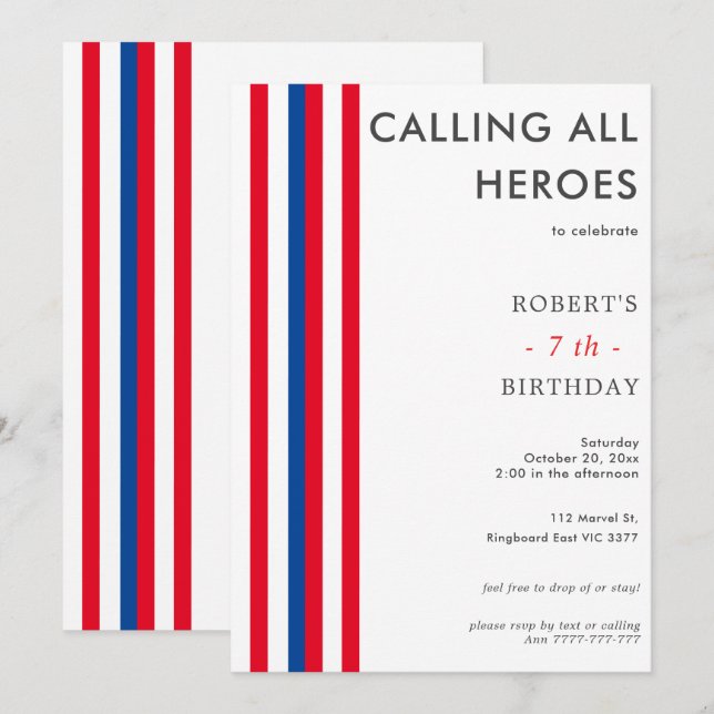 Invitation Couleur Comics Inspiré SuperHero fête d'anniversai (Devant / Derrière)