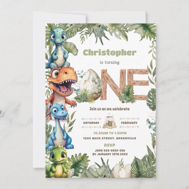 Invitation Couleur Cute Dinosaures Verdure 1er Anniversaire U (Devant)