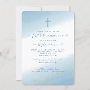 Invitation Couleur d'Aquarelle bleu communion