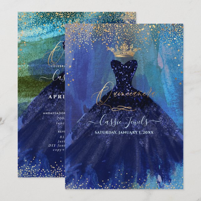 Invitation Couleur d'aquarelle bleu marine Turquoise Quincean (Devant / Derrière)