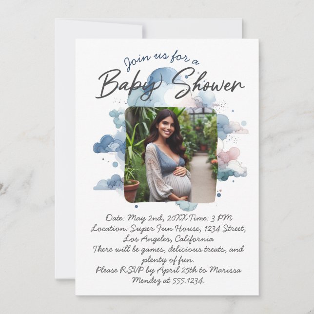 Invitation Couleur d'aquarelle bleue, script de baby shower p (Devant)